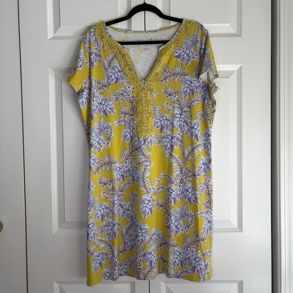 Caribbean Joe Island Supply Co Dresses & Skirts - Caribbean Joe Mini Tropical Lightweight T-shirt V-neck Dress Yellow Purple Sz XL